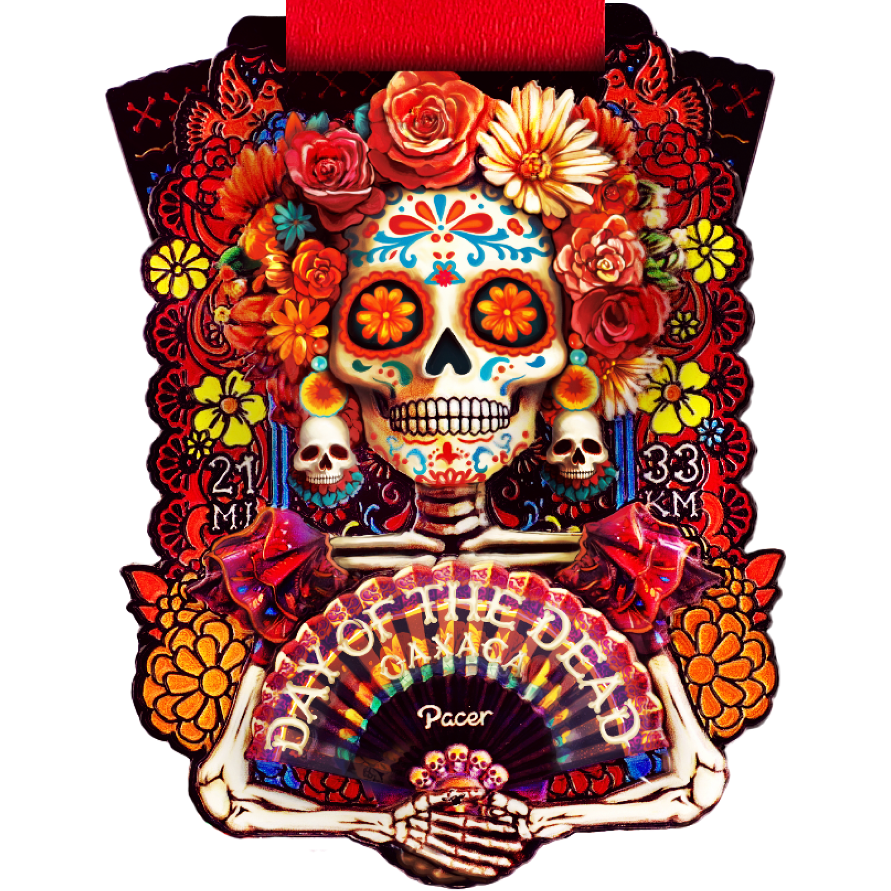 Colorful Day of the Dead medal from the Oaxaca Virtual Challenge featuring a decorated skull and floral design.