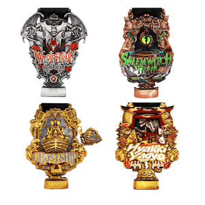 Four intricate medals featuring designs for Vampire Trail, Salem Witch Trail, Ghost Ship, and Hyakki Yagyo adventures.