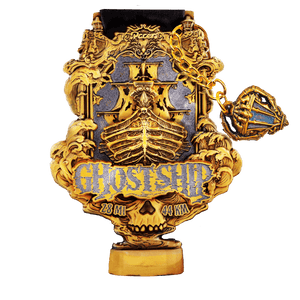 Ghost Ship medal for Haunted Adventures Virtual Challenges, featuring intricate haunted ship design, 28 mi / 44 km.