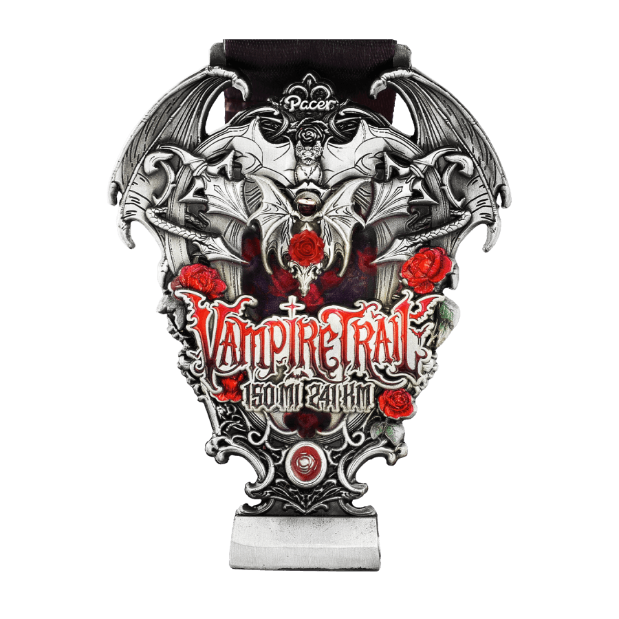 Vampire Trail medal with gothic bat and roses design for 2024 Haunted Adventures Virtual Challenges.