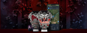 Vampire Trail medal surrounded by Gothic roses and a smartphone displaying a map route.