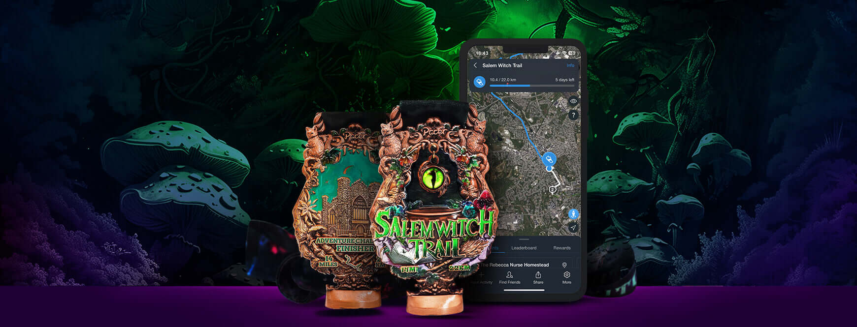 Haunted Adventures Salem Witch Trail medals with map on smartphone, surrounded by eerie forest background.