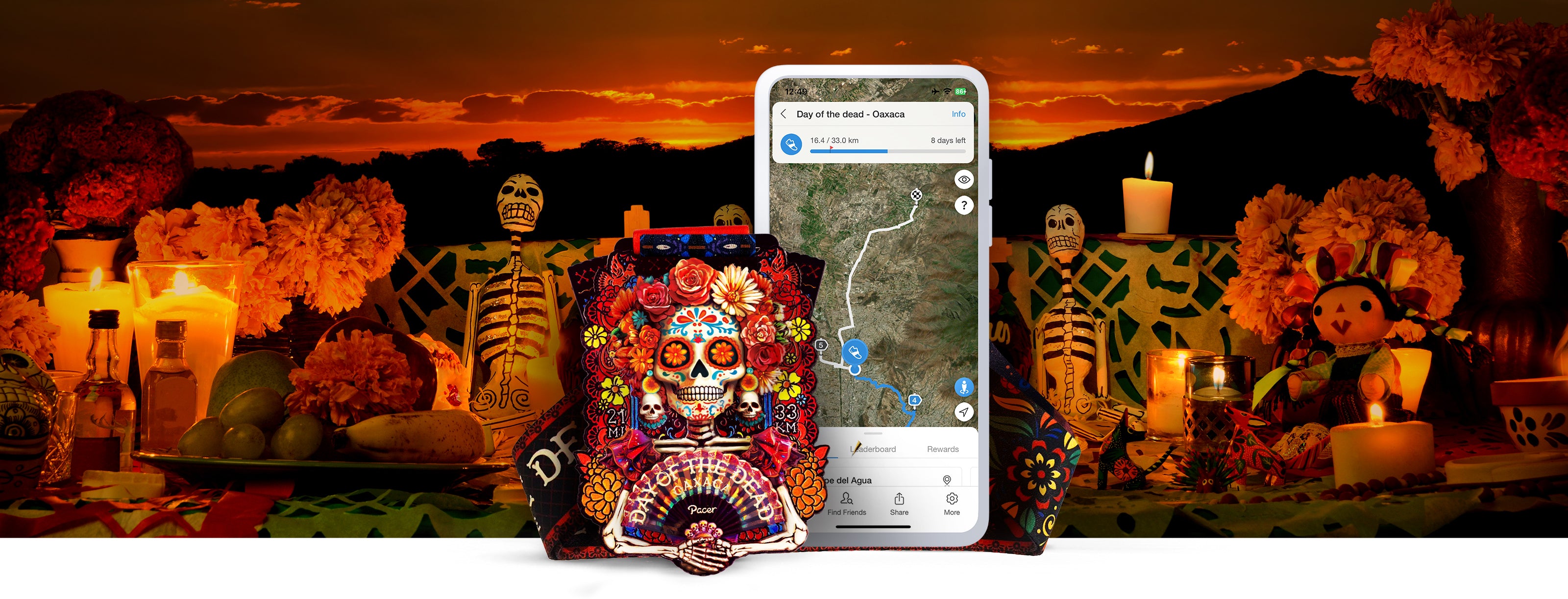 "Day of the Dead Oaxaca Virtual Challenge medal with map app display amid vibrant altar background"