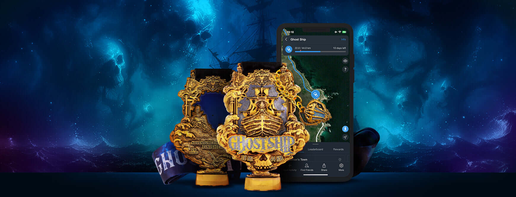 Ghost Ship medals with mobile app interface on a mysterious, haunted-themed background.