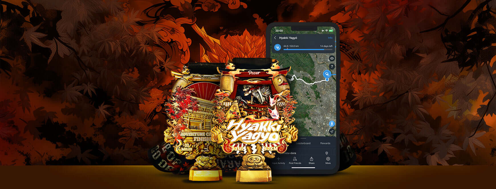 Haunted Adventures medal with Hyakki Yagyō theme and a smartphone displaying a map against a fiery, autumnal background.