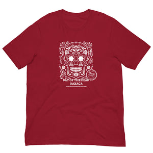 Red unisex Day of the Dead Oaxaca t-shirt with skull design and medal graphic, soft and lightweight fabric.