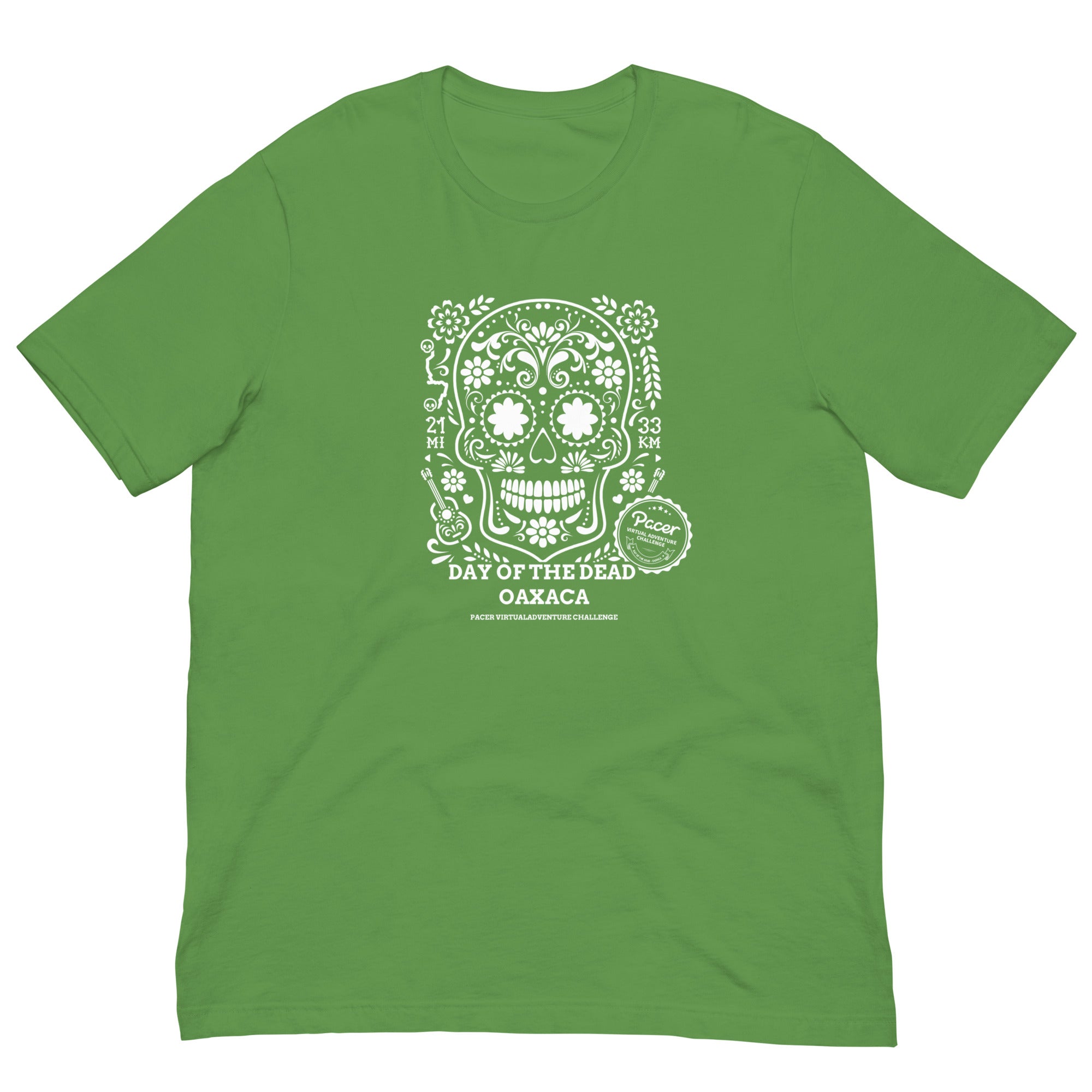 Green Day of the Dead Oaxaca unisex t-shirt with skull design and medal print, made from soft, lightweight cotton.