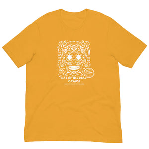 Unisex orange Day of the Dead Oaxaca t-shirt featuring a white sugar skull design, celebrating Mexican culture with medal motif.