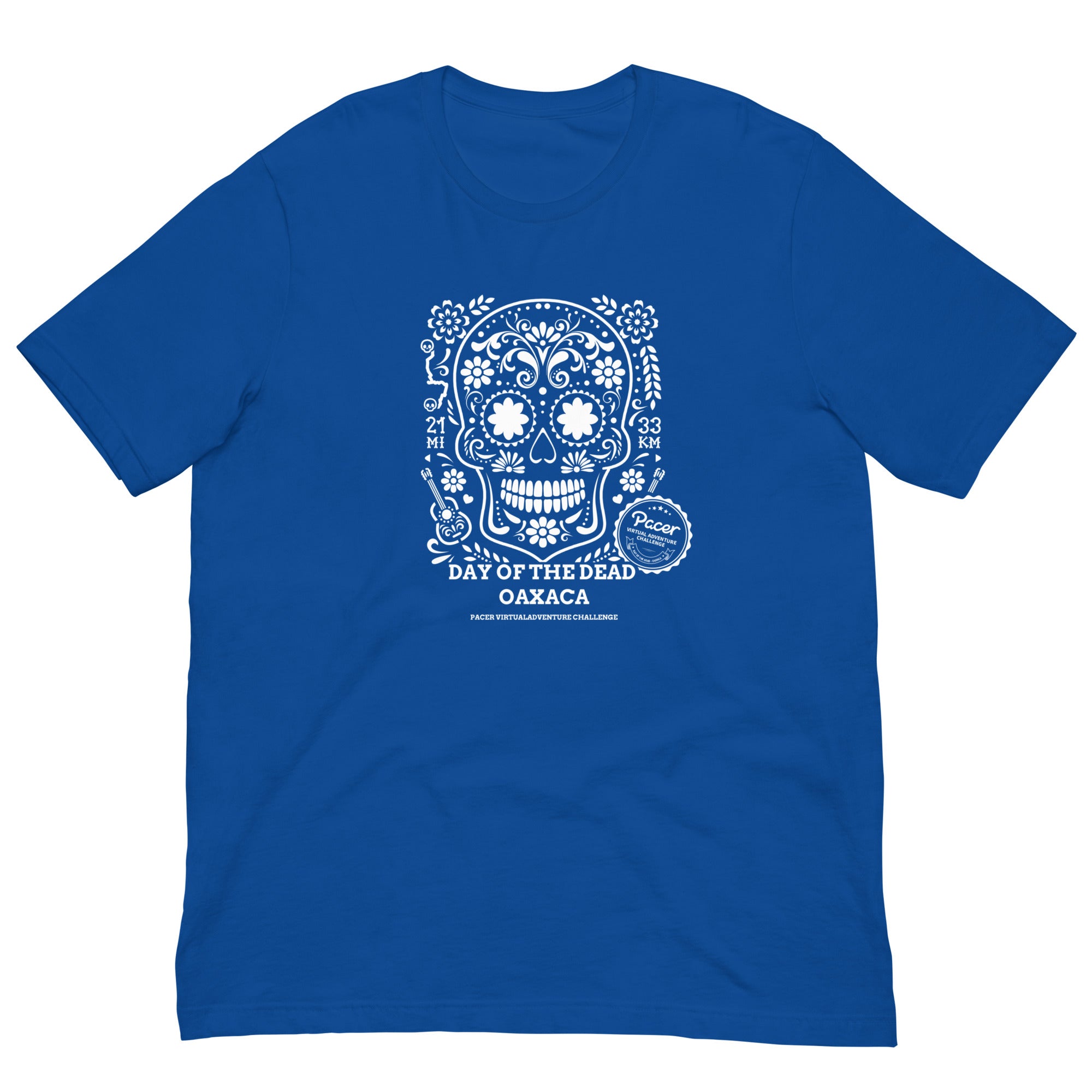 Unisex Day of the Dead Oaxaca t-shirt with medal design, featuring a vibrant skull graphic on a blue cotton fabric.